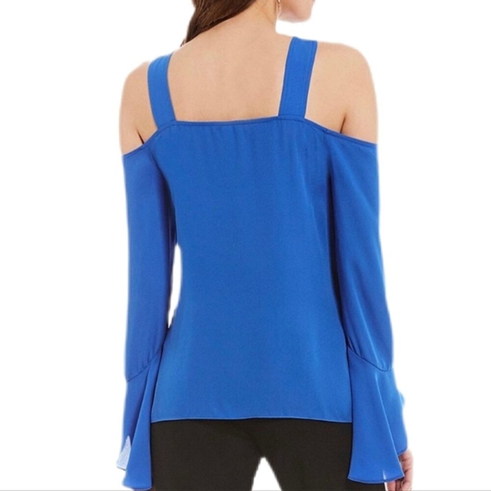 Halston Blue Cold Shoulder Blouse Womens Size XL Long Sleeve Twist Halter Top - Picture 2 of 14